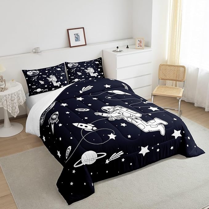 Feelyou Solar System Comforter Set Twin Size Outer Space Comforter for Kids Teens Adults Universe Planets Bedding Set Cute Astronaut Blue White Duvet Set Room Decor 2Pcs with 1 Pillow Case - LeafyLoom