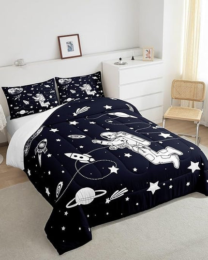 Feelyou Solar System Comforter Set Full Size Outer Space Comforter for Kids Teens Adults Universe Planets Bedding Set Cute Astronaut Blue White Duvet Set Room Decor 3Pcs with 2 Pillow Case - LeafyLoom