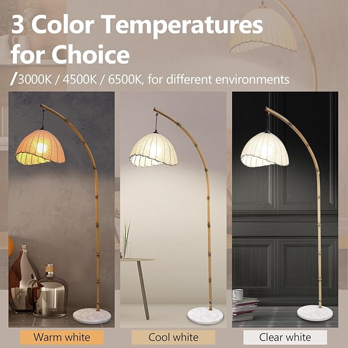 Vintage Bamboo Floor Lamp, Unique Bohemian Arc Floor Lamp, Vine Style, Restaurant Vertical Light, Farmhouse Study Living Room, Marble Base Light Living Room Corner - LeafyLoom