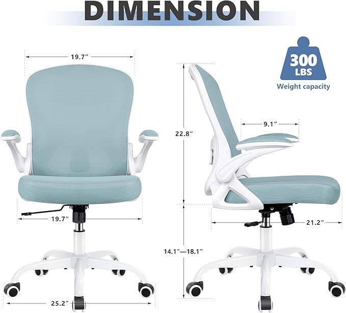 Office Chair Desk Chair, Ergonomic Mesh Computer Chair Home Office Desk Chairs, Swivel Task Chair Mid Back Breathable Rolling Chair with Adjustable Lumbar Support Flip Up Armrest (Light Blue) - LeafyLoom