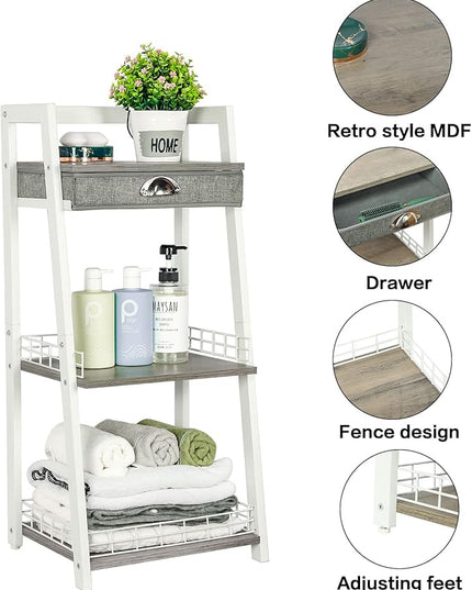 keomaisyto 3-Tier Bathroom Ladder Shelf, Floor Storage Shelf with Drawer, Freestanding Open Tower Shelving Unit for Bathroom Living Room Balcony（White） - LeafyLoom