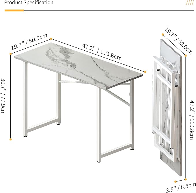 47 inch Folding Desk No Assembly Required, Writing Gaming Computer Camping Table, Home Office Desk, White Marble - LeafyLoom