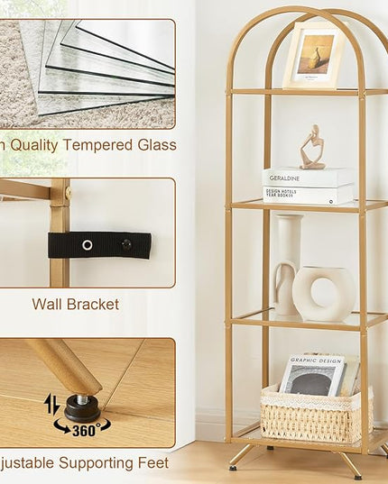 HOMBAZAAR Bookshelf,4-Tier Modern Bookcase,Book Shelf with Tempered Glass,Tall Bookshelf for Home Office, Bedroom and Living Room,Gold. - LeafyLoom