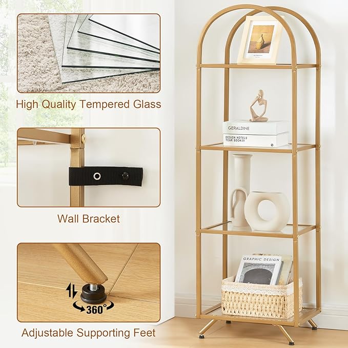 HOMBAZAAR Bookshelf,4-Tier Modern Bookcase,Book Shelf with Tempered Glass,Tall Bookshelf for Home Office, Bedroom and Living Room,Gold. - LeafyLoom