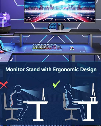 Gaming Desk with Power Outlets & Music Strip Lights, L-Shaped Desk with 2-Layer Storage on Both Sides, Large Monitor Stand for Office Home - LeafyLoom