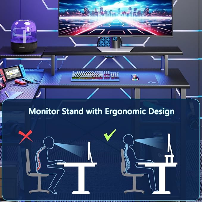 Gaming Desk with Power Outlets & Music Strip Lights, L-Shaped Desk with 2-Layer Storage on Both Sides, Large Monitor Stand for Office Home - LeafyLoom
