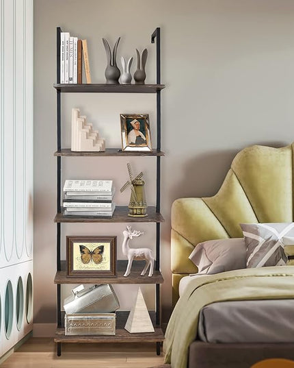 5 Tiers Ladder Shelf Brown Modern Bookshelf Open Tall Wall Mount Bookcase Standing Leaning Wall Shelves Industrial Decorative Living Room Bed Room - LeafyLoom