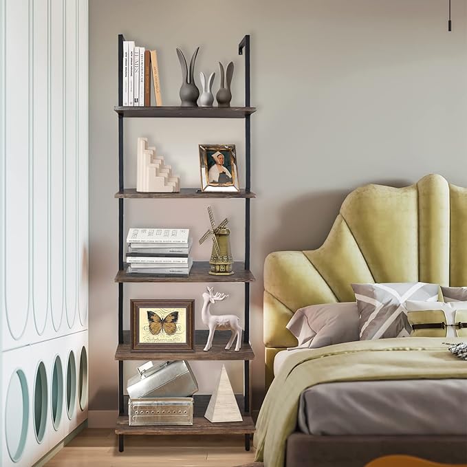 5 Tiers Ladder Shelf Brown Modern Bookshelf Open Tall Wall Mount Bookcase Standing Leaning Wall Shelves Industrial Decorative Living Room Bed Room - LeafyLoom
