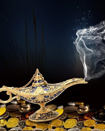 Classic Aladding Magic Genie Lamp Legend Wishing Light Costume Lamp Metal Carved Cone Incense Burner for Home Tabletop Decoration Party Birthday Halloween Christmas (Navy Blue) - LeafyLoom
