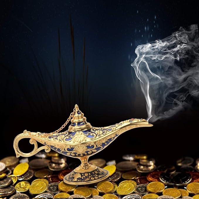 Classic Aladding Magic Genie Lamp Legend Wishing Light Costume Lamp Metal Carved Cone Incense Burner for Home Tabletop Decoration Party Birthday Halloween Christmas (Navy Blue) - LeafyLoom