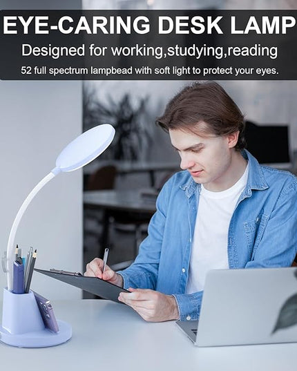 comzler LED Desk Lamp with Wireless Charger Pen Phone Holder, Blue Desk Lamp for Home Office, Dimmable Desk Light 3 Color Modes, College Dorm Study Lamp for College Dorm, CRI 90 800 Lumen - LeafyLoom