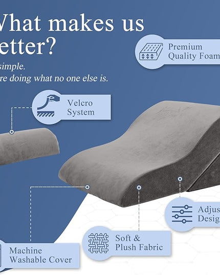 Axelrod Bed Wedge Pillow Set Foam | Adjustable Pillows for Back, Leg and Knee Pain Relief | Post Surgery Ortho Pillow – Anti Snoring, Heartburn, Acid Reflux & GERD- Grey - LeafyLoom