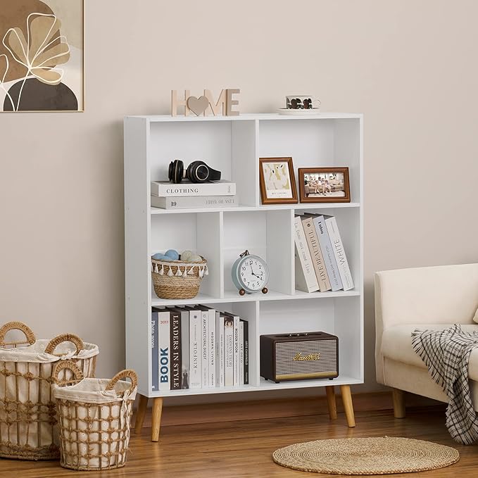 YAHARBO White Bookshelf,3 Tier Book Shelf with Legs, 7 Cube Minimalist Bookcase,Storage Organizer Shelves Display Bookcases for Bedroom,Living Room - LeafyLoom