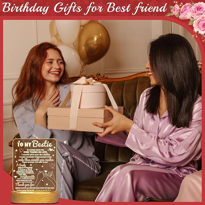 Linkax Bestie Gifts, Birthday Gifts for Women Teen Girls, 3D Illusion Lamp I Love You Friend Night Light for Best Friend Sister Girl Women BFF Holiday Friendship, Soft Warm White LED Wooden Table Lamp - LeafyLoom