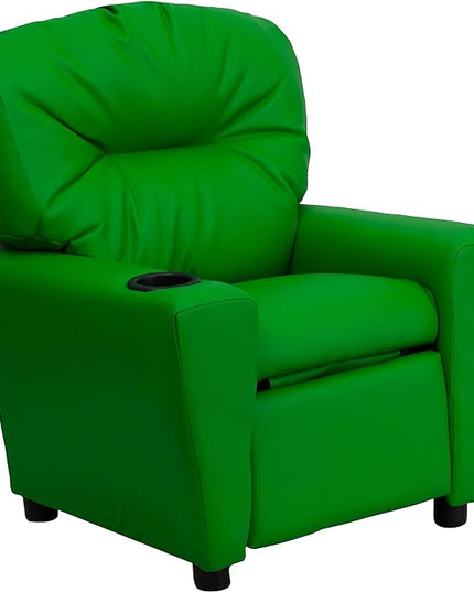 Flash Furniture Chandler Vinyl Kids Recliner with Cup Holder and Safety Recline, Contemporary Reclining Chair for Kids, Supports up to 90 lbs., Green - LeafyLoom