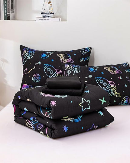 Aimuan Space Comforter Twin Set Kids Rocket Bedding Set Super Soft & Cute Aliens UFO Printed for Boys Girls Teen (Black, Full 5Pcs) - LeafyLoom