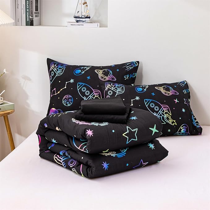 Aimuan Space Comforter Twin Set Kids Rocket Bedding Set Super Soft & Cute Aliens UFO Printed for Boys Girls Teen (Black, Full 5Pcs) - LeafyLoom