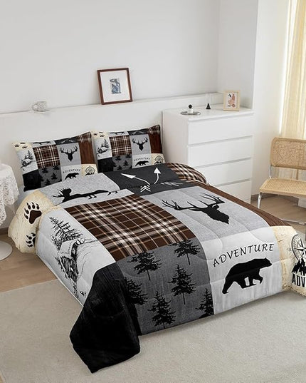 Deer Antler Comforter Set King Size,Bear Paw Pine Trees Rustic Farmhouse Bedding Set for Boys Girls Adults Room Decor,Geometric Plaids Arrows Down Comforter,Brown Retro Duvet Insert,2 Pillowcases - LeafyLoom