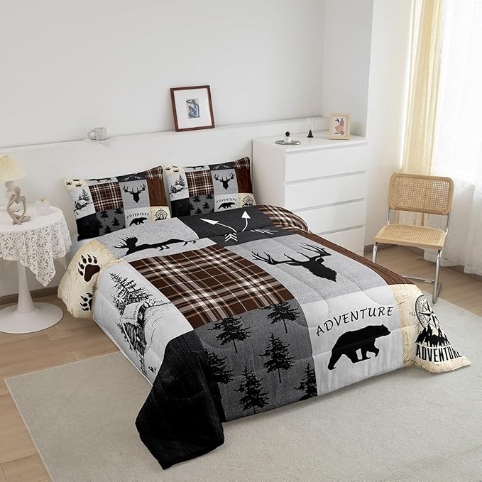 Deer Antler Comforter Set Queen Size,Bear Paw Pine Trees Rustic Farmhouse Bedding Set for Boys Girls Adults Room Decor,Geometric Plaids Arrows Down Comforter,Brown Retro Duvet Insert,2 Pillowcases - LeafyLoom