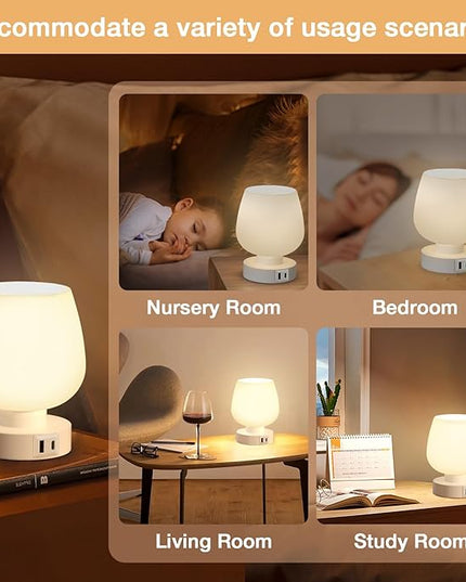 Kakanuo Bedside Table Lamp with Glass Shade, Touch Control, Dual USB A+C Charging Ports, Nightstand Lamp, 3-Way Dimmable, Bulb Included - LeafyLoom