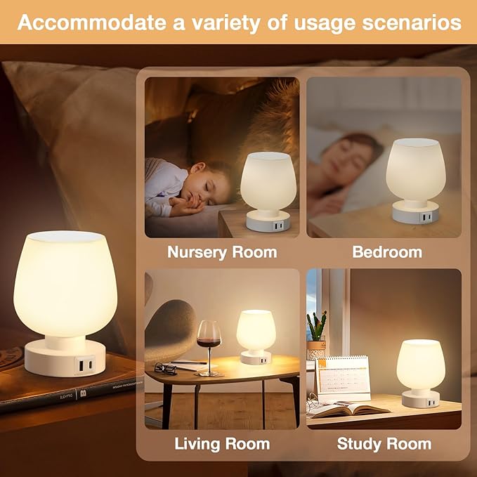 Kakanuo Bedside Table Lamp with Glass Shade, Touch Control, Dual USB A+C Charging Ports, Nightstand Lamp, 3-Way Dimmable, Bulb Included - LeafyLoom