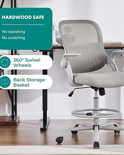 SMUG Drafting Chair, Tall Office Chair Tall Standing Desk Chair Counter Height Adjustable Office Chair with Flip-up Arms, Mid Back Mesh Office Drafting Chair, Grey - LeafyLoom