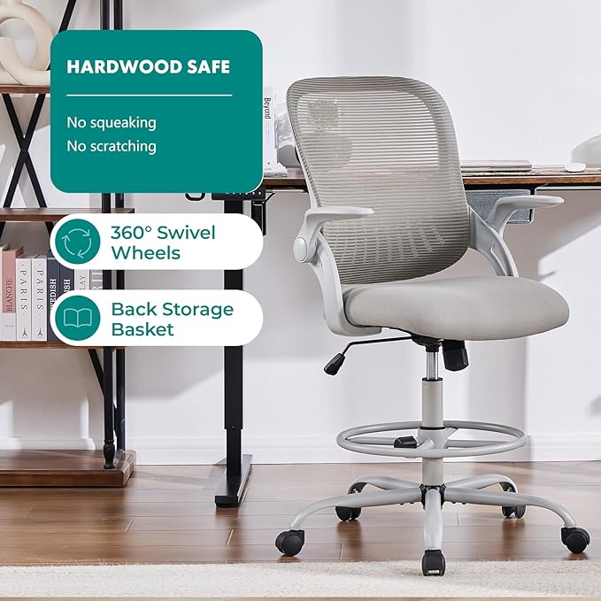 SMUG Drafting Chair, Tall Office Chair Tall Standing Desk Chair Counter Height Adjustable Office Chair with Flip-up Arms, Mid Back Mesh Office Drafting Chair, Grey - LeafyLoom