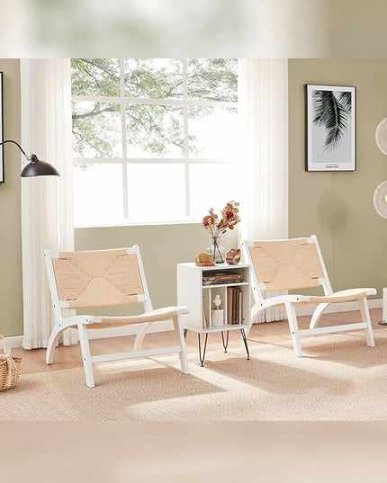 Modern Boho Accent Chairs for Living Room,Mid Century Accent Chair,Side Chair Indoor Scandinavian Cognac Natural Wood Beech Braided Jute Woven Weave Paper Rope Seat - LeafyLoom
