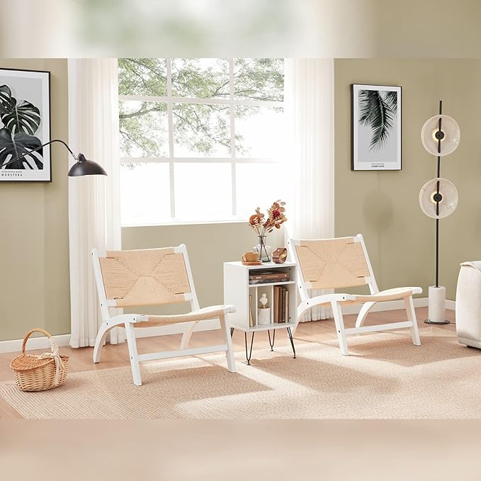 Modern Boho Accent Chairs for Living Room,Mid Century Accent Chair,Side Chair Indoor Scandinavian Cognac Natural Wood Beech Braided Jute Woven Weave Paper Rope Seat - LeafyLoom
