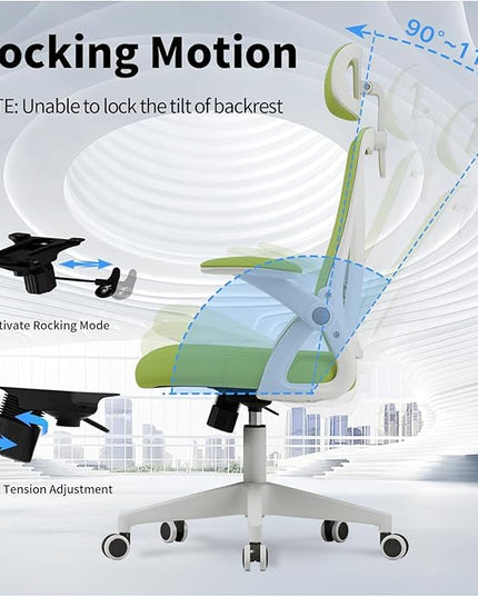 Ergonomic Office Chair, Mid Back Desk Chair with Adjustable Height, Swivel Chair with Flip-Up Arms and Lumbar Support, Breathable Mesh Computer Chair with Headrest (White and Green) - LeafyLoom