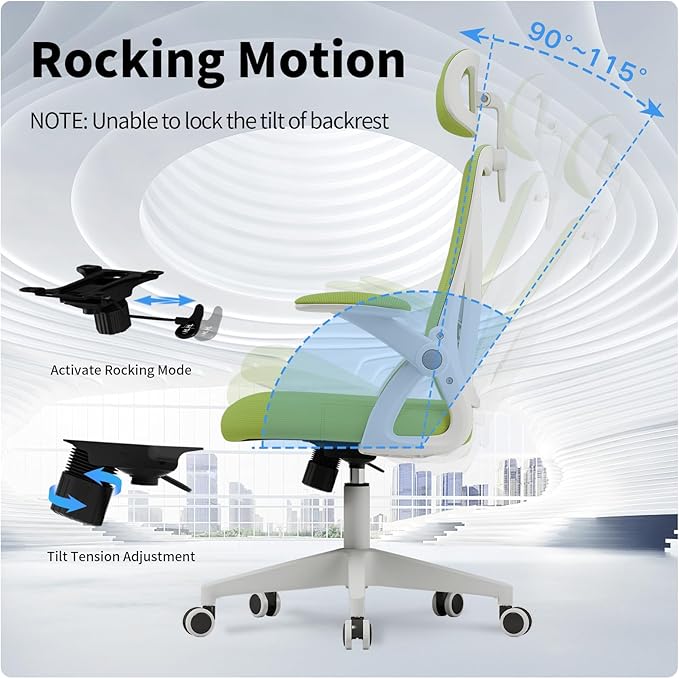Ergonomic Office Chair, Mid Back Desk Chair with Adjustable Height, Swivel Chair with Flip-Up Arms and Lumbar Support, Breathable Mesh Computer Chair with Headrest (White and Green) - LeafyLoom