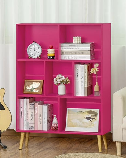 LEYAOYAO 7 Cube Bookshelf,3 Tier Book Shelf with Legs,Pink Modern Bookshelf,Large Freestanding Open Toy Modern Bookshelves,Display Bookcases Decor Furniture for Nursery - LeafyLoom