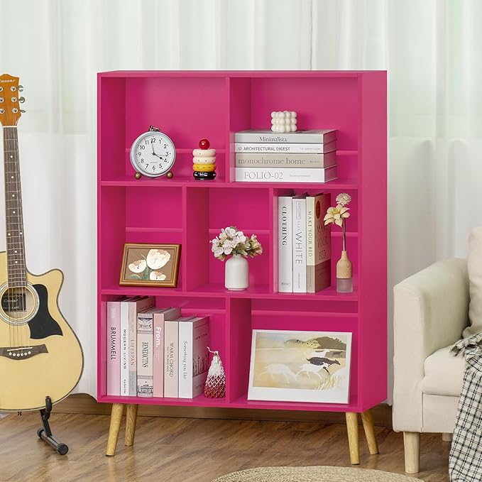 LEYAOYAO 7 Cube Bookshelf,3 Tier Book Shelf with Legs,Pink Modern Bookshelf,Large Freestanding Open Toy Modern Bookshelves,Display Bookcases Decor Furniture for Nursery - LeafyLoom