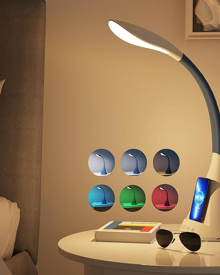 Modern Heavy Duty Bright LED Desk Lamp for Home Office, Wireless Charging, Touch Desk Lamp, Adjustable Neck & Height, 5 Brightness Level, 3 Light Temps, 56 LEDs & 4 Years Lifespan (White) - LeafyLoom