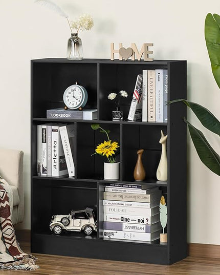 YAHARBO Black 7 Cube Bookshelf,3 Tier Modern Horizontal Bookcase,Wooden Low Book Shelf Display Storage Cabinet with Base,Floor Standing Short Bookshelves Open Organizer for Bedroom,Living Room,Office - LeafyLoom