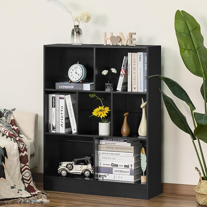 YAHARBO Black 7 Cube Bookshelf,3 Tier Modern Horizontal Bookcase,Wooden Low Book Shelf Display Storage Cabinet with Base,Floor Standing Short Bookshelves Open Organizer for Bedroom,Living Room,Office - LeafyLoom