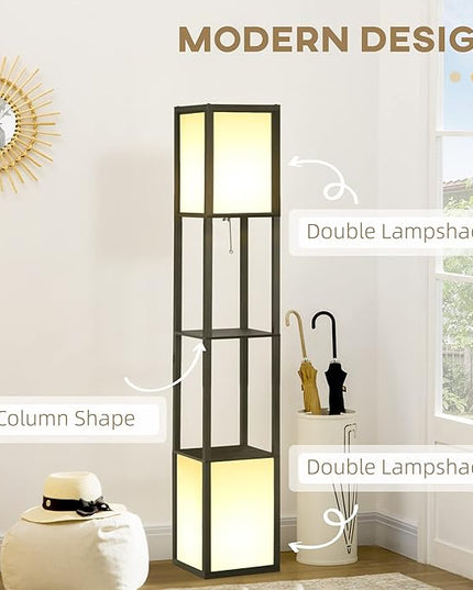 HOMCOM Modern Floor Lamp with Shelves & Dual Ambient Lighting, Tall Standing Lamp for Living Room, Bedroom with Fabric Lampshade (Bulb not Included), Black - LeafyLoom