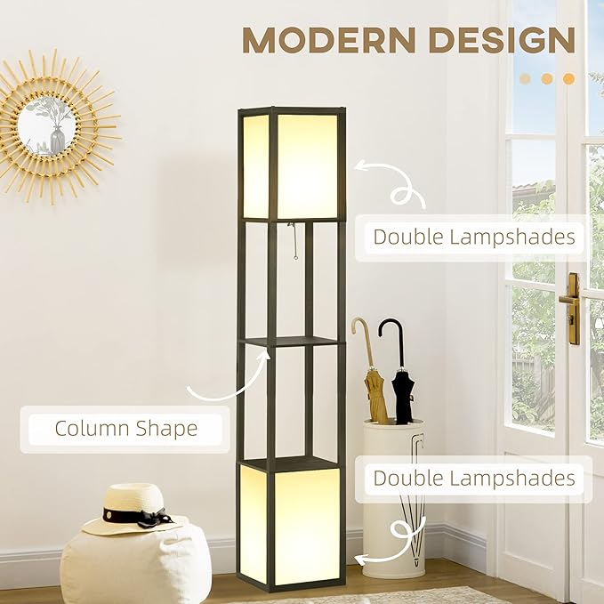HOMCOM Modern Floor Lamp with Shelves & Dual Ambient Lighting, Tall Standing Lamp for Living Room, Bedroom with Fabric Lampshade (Bulb not Included), Black - LeafyLoom