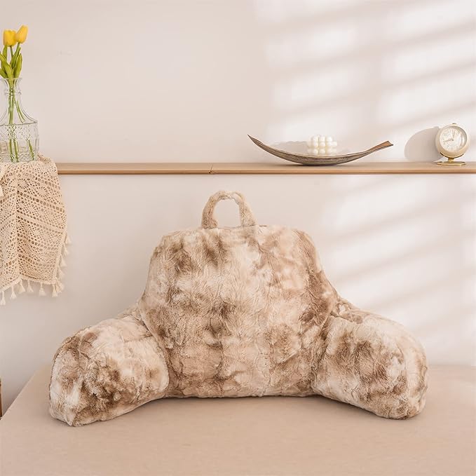 A Nice Night Faux Fur Reading Pillow Bed Wedge Large Adult Children Backrest with Arms Back Support for Sitting Up in Bed/Couch for Bedrest, Tie dyed Khaki - LeafyLoom