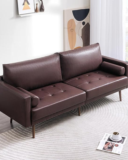 Vonanda Faux Leather Sofa Couch, Mid-Century 73 Inch 3 Seater Leather Couch with Wood Grain Metal Legs and Bolster Pillows for Living Room,Elegant Brown - LeafyLoom