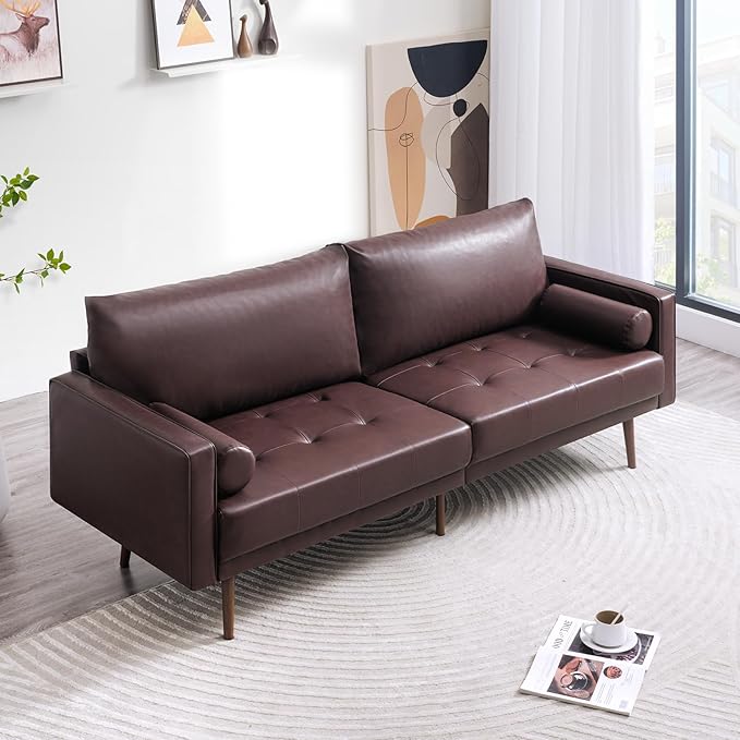 Vonanda Faux Leather Sofa Couch, Mid-Century 73 Inch 3 Seater Leather Couch with Wood Grain Metal Legs and Bolster Pillows for Living Room,Elegant Brown - LeafyLoom
