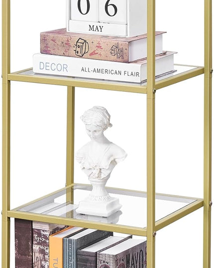 4-Tier Bookshelf,Metal Bookcase,Tempered Glass Shelves,Storage Rack Shelf for Home Office,Living Room,Bedroom, Bathroom,Modern Style,Golden - LeafyLoom