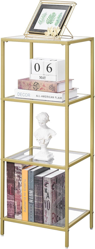 4-Tier Bookshelf,Metal Bookcase,Tempered Glass Shelves,Storage Rack Shelf for Home Office,Living Room,Bedroom, Bathroom,Modern Style,Golden - LeafyLoom