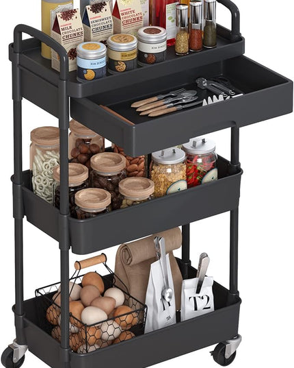 3-Tier Rolling Cart，Trolley with Drawer, Multifunctional Storage Organizer with Plastic Shelf & Metal Wheels, Kitchen Storage Cart for Living Room, Kitchen, Office, Bathroom, Black - LeafyLoom