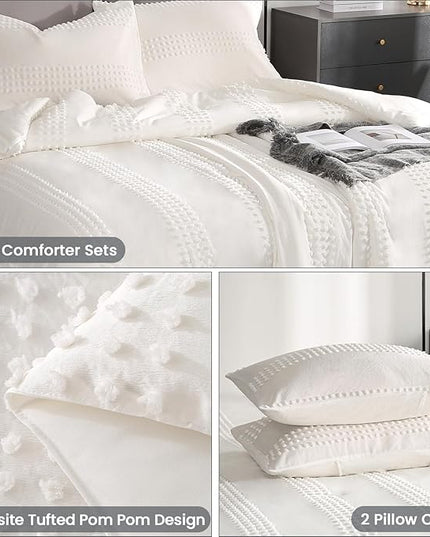 ENJOHOS Girls Queen Comforter Bedding Set White, 3 PCS Boho Comforter with Tufted Dots, Shabby Chic Bedding Comforter for All Season, Lightweight Fluffy Microfiber Comforter with 2 Pillowcases - LeafyLoom