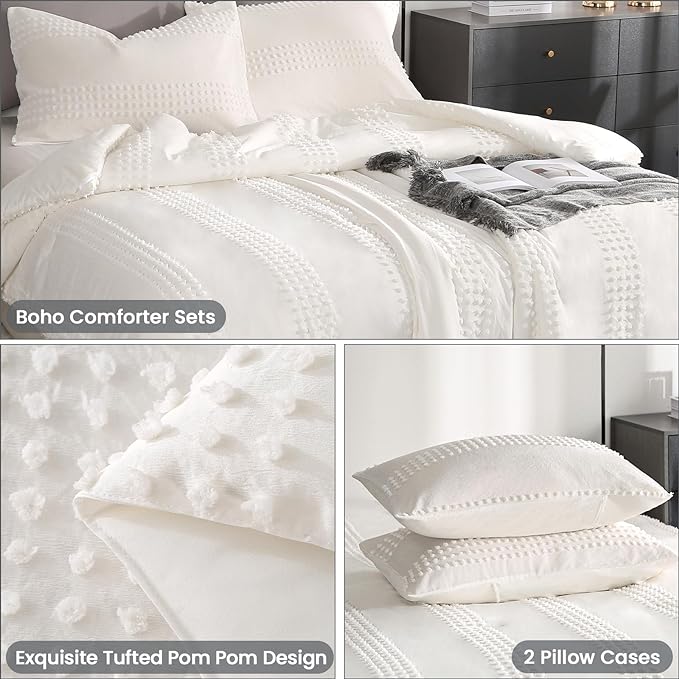 ENJOHOS White Full Size Comforter Bedding Set, 3 PCS Boho Comforter with Tufted Dots, Shabby Chic Bedding Comforter for All Season, Lightweight Fluffy Microfiber Comforter with 2 Pillowcases - LeafyLoom
