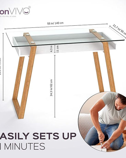 bonVIVO Massimo Small Desk - 55 Inch, Modern Computer Desk for Small Spaces, Living Room, Office and Bedroom - Study Table w/Glass Top and Shelf Space - White - LeafyLoom
