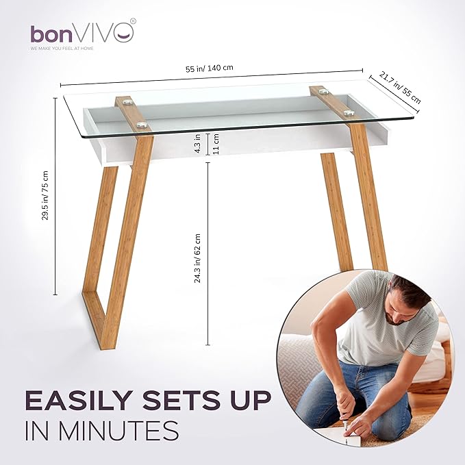 bonVIVO Massimo Small Desk - 55 Inch, Modern Computer Desk for Small Spaces, Living Room, Office and Bedroom - Study Table w/Glass Top and Shelf Space - White - LeafyLoom