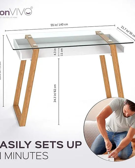 bonVIVO Massimo Small Desk - 55 Inch, Modern Computer Desk for Small Spaces, Living Room, Office and Bedroom - Study Table w/Glass Top and Shelf Space - Black - LeafyLoom
