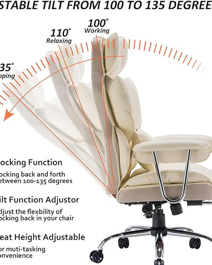 Desk Office Chair 400LBS, Big and Tall Office Chair, PU Leather Computer Chair, Executive Office Chair with Leg Rest and Lumbar Support, Beige Office Chair - LeafyLoom